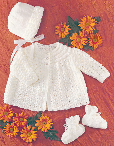 Sirdar 3191 Baby Trio (Matinee Coat, Bonnet, & Bootees) knit in #3/DK Weight. Sizes 9 months and 12 months